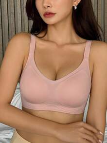DAZY 女士纯色全罩杯无缝无钢圈加厚文胸，舒适柔软，带可拆卸胸垫，基础款运动风 - 粉色 - 查看 2