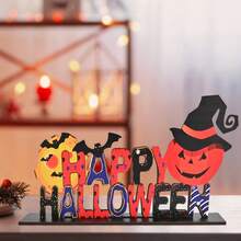 1 pieza/3 piezas Letreros de madera con temática de Halloween, Decoración de escritorio con letras Feliz Halloween & Truco o , Patrón de calabaza, murciélago, castillo, luna y bruja, Decoraciones de Halloween, Decoración de fiesta, Decoración del hogar, Regalo de Halloween, Regalo festivo, Decoración de habitación - Víspera de Todos los Santos - Ver 9