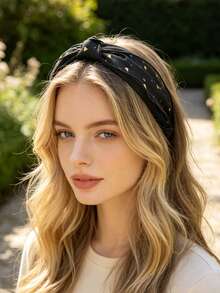 1pc French Style Gentle Gold Foil Black Mesh Fabric Knotted Headband, Vintage Versatile Hair Accessory For Outings And Commuting - Black - View 1