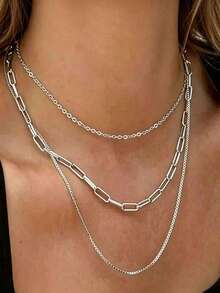1pc Stainless Steel Non-Fading Vintage Paper Clip Box Chain Triple Layer Stackable Necklace - Silver - View 1