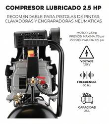 Compresor De Aire Eléctrico Lubricado 2.5hp 25 Litros 115psi 1875w Alta Potencia Compacto Portátil Adir 3830 - Tipo de Enchufe B USA (110-127V) - Ver 5
