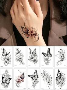 10pcs Flower Tattoo Stickers, Waterproof Women's Temporary Tattoos For Hand And Body Decoration, Butterfly, Floral Fake Tattoo For Women And Men, Small Hand Tattoo - Black - View 1