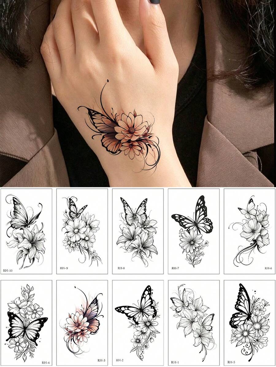 10pcs Flower Tattoo Stickers, Waterproof Women's Temporary Tattoos For Hand And Body Decoration, Butterfly, Floral Fake Tattoo For Women And Men, Small Hand Tattoo - Black - View 1
