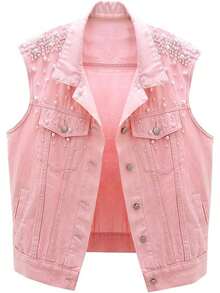 Womens Casual Beading Pearls Pink Sleeveless Denim Vest Jean Jacket Coat - Pink - View 1