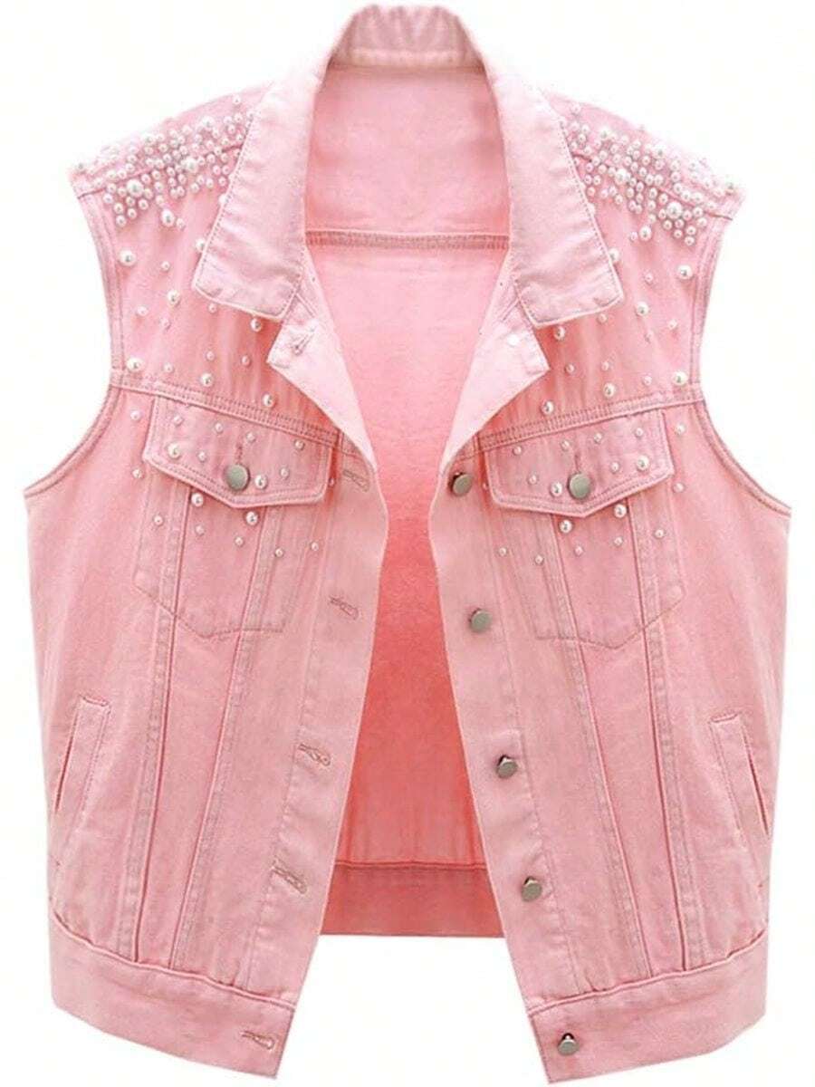 Womens Casual Beading Pearls Pink Sleeveless Denim Vest Jean Jacket Coat - Pink - View 1
