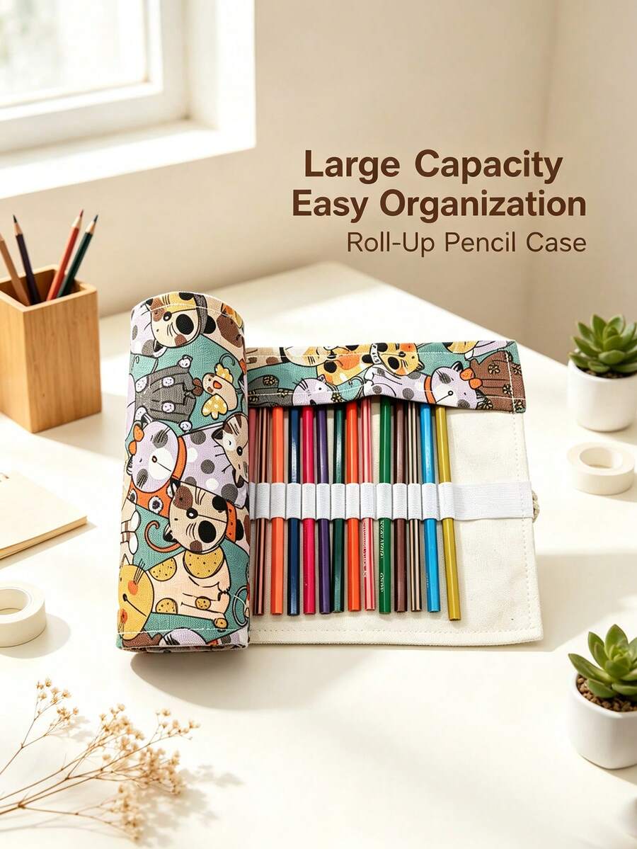 1pc Cartoon Cat Print Roll Up Pencil Case, Multi Slots Canvas Drawstring Pen Wrap, Dual-Use Portable Makeup Brush Storage Bag For Art Painting