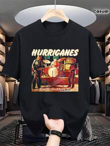 Vintage 80-tals/90-tals Rockband T-shirt för män - Hurricanes Live in Stockholm Konserttröja med loggor för trummis och gitarrist, Svart Retro Musiktröja för vardagsbruk, kons - Svart - Visa 7
