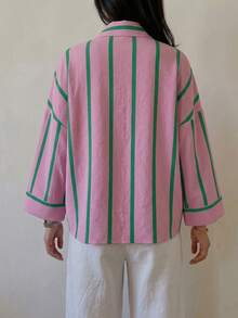 Plus Size Pink & Green Vertical Striped Button-Down Shirt, Women's Lapel Collar Long Sleeve Pocket Loose Casual Blouse - Pink - View 5