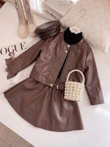 Girls' Autumn/Winter PU Jacket Set, Fashion Solid Color PU Leather Button & Zipper Jacket With PU Leather Skirt, 2 Pieces Casual Streetwear Outfit - Brown - View 4