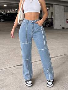 Straight Blue Patchwork Jeans, Non-Stretch Design, Front Button Closure, Creating A Casual Retro Look. - Light Wash - View 3
