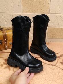 Basic Western Style Tall Riding Boots, V-Shaped Shaft, Non-Slip Thick Sole, Warm Autumn/Winter Fashion Boots For Girls - Black - View 5