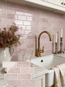 1/10/20pcs Waterproof Brick Texture Wall Panels, DIY Tile, Removable Self-Adhesive Wall Tile Stickers, Suitable For Kitchen Bathroom Backsplash And Holiday Decor - Pink Irregular Faux Ceramic Wall Sticker - View 1