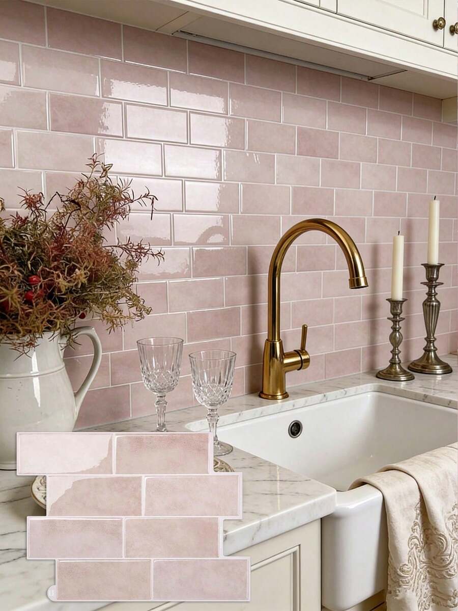 1/10/20pcs Waterproof Brick Texture Wall Panels, DIY Tile, Removable Self-Adhesive Wall Tile Stickers, Suitable For Kitchen Bathroom Backsplash And Holiday Decor - Pink Irregular Faux Ceramic Wall Sticker - View 1