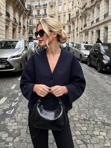 Autumn/Winter Ladies V-Neck Cardigan Outwear, English Style - Navy Blue - View 3