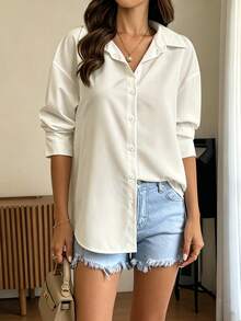 Women's Basic Long Sleeve Woven Shirt, Asymmetric Hem, Classic Collar, Non-Stretch Fabric Top - Light Yellow - View 2