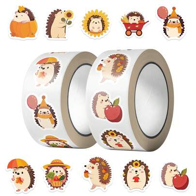 500pcs/Roll Animal Autumn Hedgehog Sticker Roll, Includes 10 Patterns Label Stickers, Suitable For Thanksgiving, Scrapbooking, Self-Adhesive Envelopes, Stationery Cards, Party Supplies, Rewards And Incentives