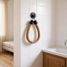 1pc Handmade Jute Rope Toilet Paper Holder, Self-Adhesive Rustic Style Toilet Paper Dispenser, Black Metal & Natural Rope Wall-Mounted Paper Towel Rack, Multi-Functional Bathroom Towel Bar & Paper Towel Storage Rack, Suitable For Bathroom Decor - Jute Rope Tissue Holder - View 2