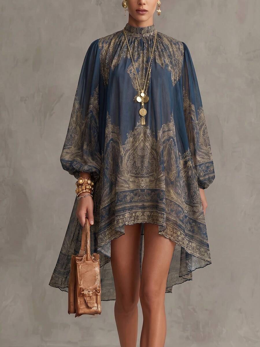 Vintage Paisley Print High Neck Long Sleeve Asymmetric Mini Dress, Autumn Style