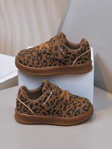 Spring/Autumn Leopard Print Kids' Sneakers, Rubber Sole Hook And Loop Closure Casual Shoes For Toddlers - Brown - View 1