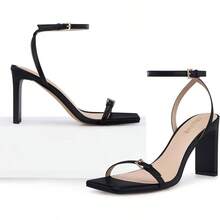 Strappy Women High Heels: 3.4 Inch Sexy Wide Heel Sandals, Square Open Toe Heeled, Comfortable Prom Party Wedding Shoes - 8 + Black - View 4