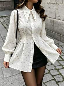 Women's White Polka Dot Blouse, Unique Collar Design, Long Sleeves, Single-Breasted Button Closure, Multiple Pleats At Waist, Flared Hem, Suitable For Daily Wear, Office Or Commute - White - View 7