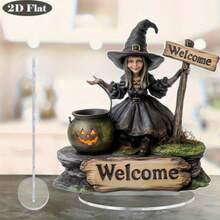 Décoration acrylique plate 2D de sorcière et citrouille d'Halloween, comprend un panneau de bienvenue, décoration de bureau vintage, sans batterie, comprend une base, cadeau d'Halloween parfait, design durable, style amusant, convient pour 11 occasions de fêtes, plat 2D - A - Voir 3