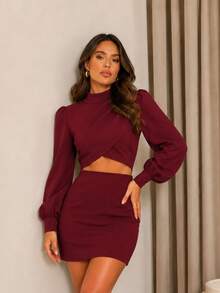 Women's Tailored Set Cropped Long Puff Sleeve And Short Skirt Elegant Party Fashion Autumn Winter - 酒紅色 - 查看 3
