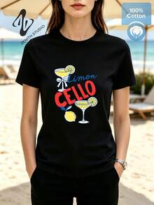 LIMONCELLO Chic Italian Lemon Cocktail Print Cotton Short Sleeve T-Shirt For Summer Vacation - 黑色 - 查看 3