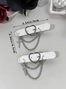 2pcs/Set Y2K Millennium Punk Style Solid Color Heart Buckle Side Clip Double Layer Chain Cross Pendant Design Girl Subculture Bangs Half-Up Hair Streetwear Atmosphere Hair Accessory - Multicolor - View 6