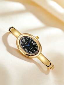 2pcs/Set Women's Bracelet Watch, Fashion Oval Roman Numeral Quartz Wristwatch Set - Gold - View 4