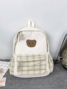 1個日式溫柔格紋熊圖案大容量學生背包,適合國高中生,Ins風輕量通勤後背包 - 卡其色 - 查看 8