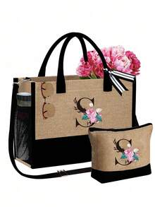 Women's Beach Tote Bag With Shoulder Strap, Pink Peony Flower A-Z Letter Print Tote Bag, Comes With Shoulder Strap And Makeup Bag; Vacation Beach Commute Shopping Bag, Gift Bag With Side Pockets, Large Capacity Handbag, Can Hold Books, Cosmetics, Parasol, Suitable For Daily Commute, Travel, Picnic, Camping, Students, Large Capacity Laptop Tote Bag, Student Commute Canvas Bag, Back To School Gift, Teacher's Day Gift - Multicolor - View 13