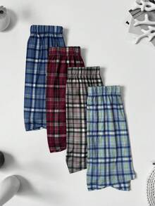 4pcs Men's Thin Plaid Print Elastic Comfortable Plus Size Boxer Briefs Long Underwear Breathable Sports Pants Elastic Waistband Multi-Color Set - Multicolor - View 11