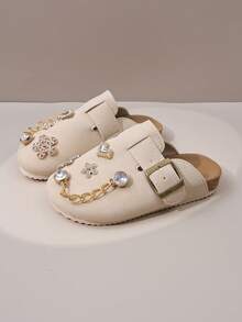 1 Pair Girls' Beige Faux Rhinestone + Heart Flower + Metal Chain Decor Non-Slip Wear-Resistant Soft Sole Closed-Toe Low-Top Buckle Flat Retro Casual Mule Shoes Spring/Summer School / Home / Outdoor Versatile - Beige - View 8