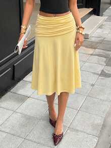 Vellofy Women's Autumn Light Yellow Ruched Mid-Waist Mermaid Long Skirt, Soft Flowy Long Skirt, Suitable For Cocktail Party Wear - Yellow - View 9