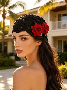 1 pieza Gorro turbante boho de ganchillo floral con tejido calado, gorro para el cabello con rosa roja, rosa rosa y lirio blanco, accesorios para el cabello para mujer, envoltura para la cabeza para vacaciones en la playa - Multicolor - Ver 4