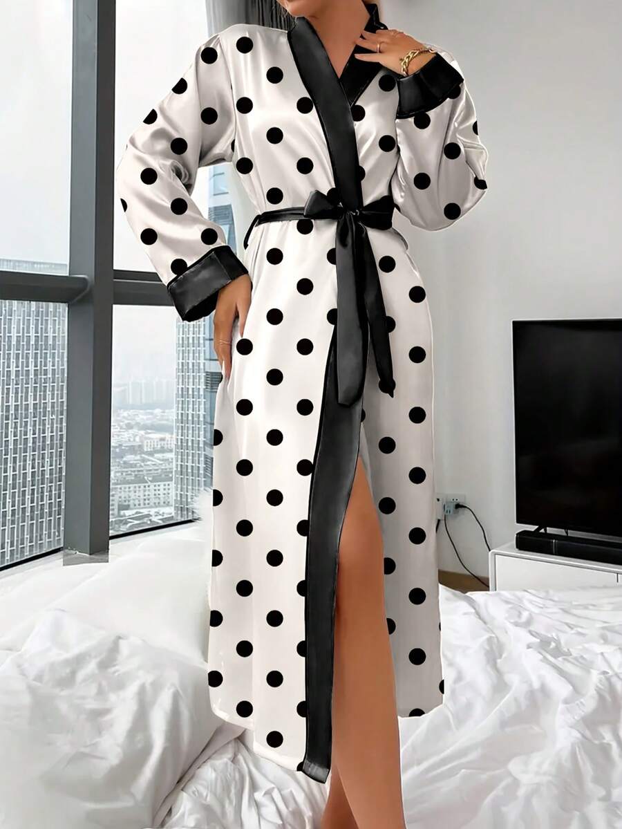 Women's Spring/Autumn Thin Polka Dot Colorblock Romantic Robe, Casual Minimalist For Home And Bedroom - Black and White - View 1