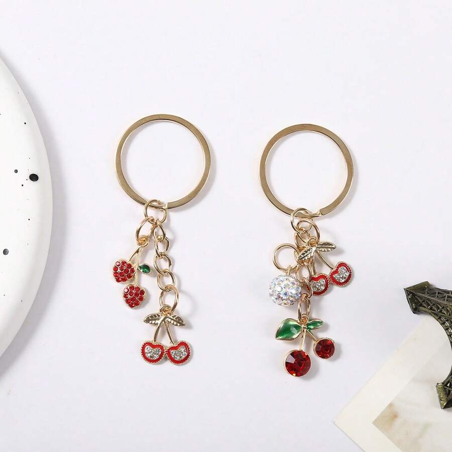 Korean Ins Style Alloy Drip Oil Cherry Keychain Full Diamond Fruit Pendant Fashion Versatile Bag Pendant Wholesale - Multicolor - View 1