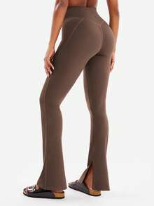 YEOREO Flare Split Hem Leggings For Women Tummy Control Workout Leggings Nasreen Hidden Scrunch Bootcut Gym Yoga Pant - 咖啡 - 查看 7