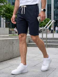 Men's Sweatpants With A Drawstring, Elastic Waistband And Two Side Pockets - Navy Blue - View 1