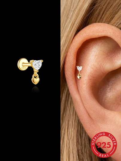 1 pieza Pendientes colgantes de plata de ley 925 con borla en forma de corazón, con respaldo plano, hipoalergénicos, joyería para mujeres, uso diario, fiesta, regalo, compromiso