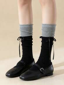 1/3 Pairs Randomly Assorted Dual-Color Patchwork Ruffle Lace-Up Bow Mid-Calf Socks For Women, Breathable Sweet Young Lady Style, Minimalist French, Preppy, Suitable For Back To School Season Daily Wear, Versatile Retro Style, Suitable For Daily Party Wear, Easy To Match, Comfortable Fabric, Fashion, Style, Ruffles, - Multicolor - View 4
