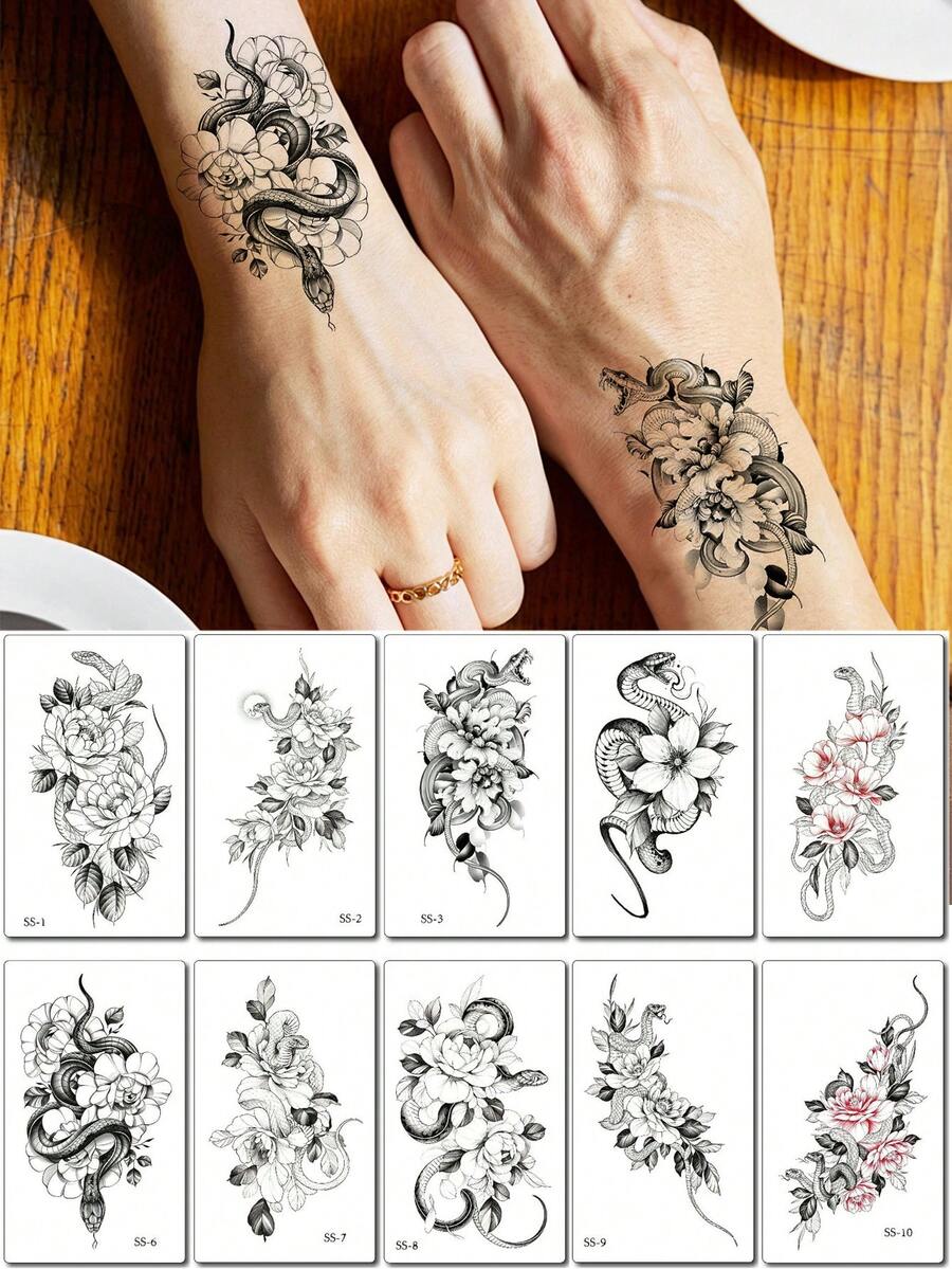 10入蛇紋紋身貼紙 男女通用 防水花卉臨時紋身貼 手部紋身 日常節日身體彩繪 逼真性感紋身身體裝飾 - 黑色 - 查看 1