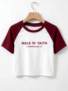 Kaos Wanita Musim Panas Desain Minimalis Warna-warni Lengan Raglan Kerah Bulat Lengan Pendek dengan Cetakan Huruf, Modis, Serbaguna, Kasual untuk Pakaian Sehari-hari - Red and White - View 3