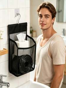 2pcs (1 Hanging Bag + 1 Transparent Hook) Lightweight Black Mesh Shower Storage Bag With Hook. Suitable For Bathroom, Gym, Dorm, Travel And Other Storage Solutions. Can Be Used As Shower Caddy, Wall-Mounted Storage, Hair Storage, Temporary Office Supplies Storage, Organizer Rack, Bedroom Storage, Bathroom Storage Rack, Key Storage Wall, Christmas, Storage, Packaging Bag, Bedroom Furniture And Women's Room Decor - Multicolor - View 7