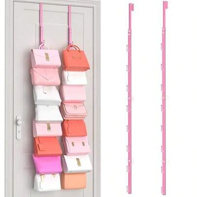Over The Door Purse Organizer - 2 Packs Wall Mounted Purse Rack With 8 Hooks Design, Hanging Handbag Organizer Storage Holds Up To 16 Bags, Bag Rack For Closet, Door Pink