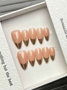 10pcs Handmade Nails Almond Nails Acrylic Press On Nails Short Medium Pink Nails, Gold Aurora Powder French Tip Nails, Summer Nails, DIY False Nail Art Party Daily Dating Beach Vacation Outfits Women Girls Gift Nail Supplies - Multicolor - View 9