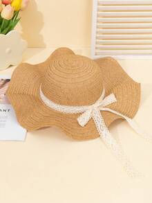 2pcs/1pc Summer Wide Brim Lace Straw Hat For Women, Simple Fashion Lace Ribbon Beach Vacation Sun Protection Hat - Straw Hat - View 8