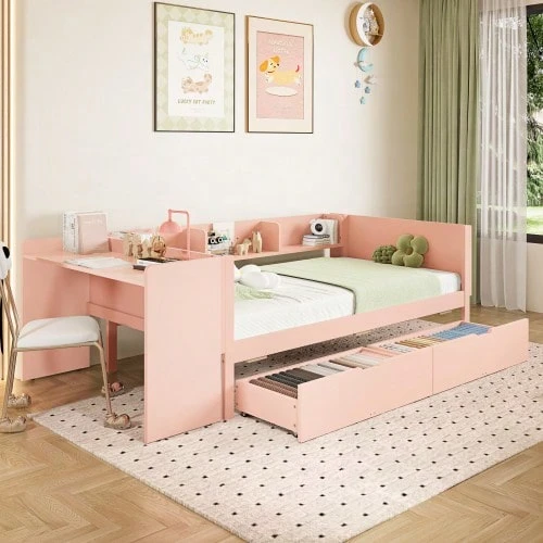 Flatbed, Wooden Bed, 90x200cm, With Desk, Equipped With 2 Drawers - 粉色 - 查看 1