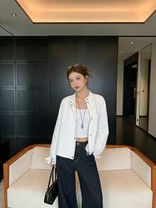 Korean Retro Denim Jacket Zip-Up Top, College Style, Home & Daily Wear, Spring & Autumn - White - View 6
